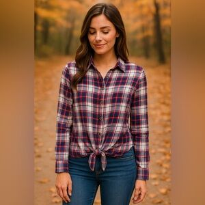 Bobeau Red White Blue Plaid Tie-Front Button Down Shirt Women’s XS